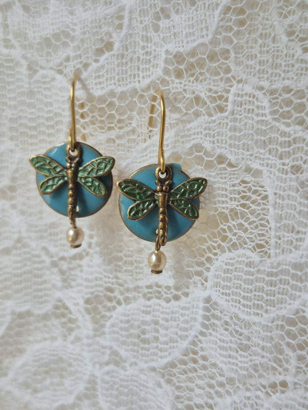 Silver Forest Handcrafted Gold Dragonfly Turquoise Drop Earrings